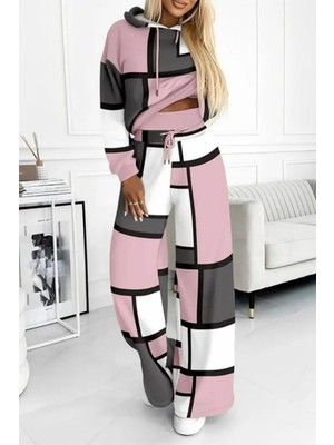 Mossta Kapüşonlu Desenli Iki Iplik Bluz Pantolon Ikili Takım - Pembe
