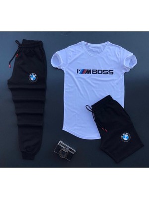 Mpower Bmw Baskılı Şort-Eşofman Altı-Tişört Slim Fit 3'lü Takım Kombin Alt Üst