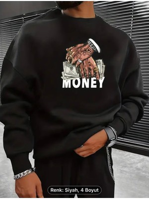 Para Baskılı Erkek Grafik Yuvarlak Yaka Sweatshirt, Gevşek Trendy Kazak, Erkek Giyim Sonbahar Için
