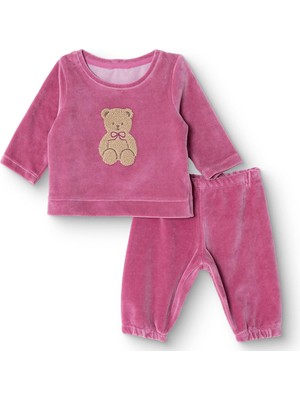 Hellobaby Kız Bebek Kadife Pijama Takımı Bisiklet Yaka Uzun Kol Ribanalı Paça