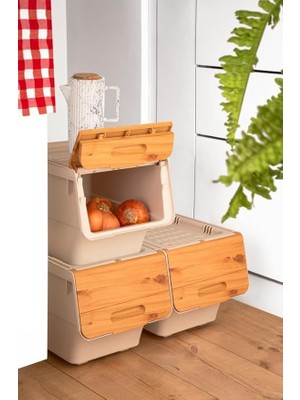 CetKing Patateslik Soğanlık Sepeti Oyuncak Kutusu Tekerlekli Organızer Çok Amaçlı Kutu 3X12LT-BAMBU+KREM