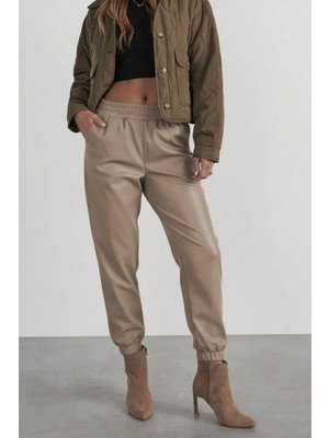 Mossta Yüksek Bel Lastikli Deri Pantolon - Bej