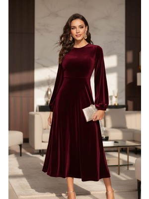 Mossta Bordo Midi Kadife Elbise