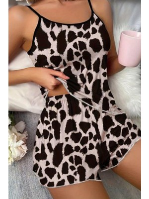 Mossta Leopar Desenli Ince Askılı Yuvarlak Yaka Bluz ve Şort Ikili Takım - Leopar