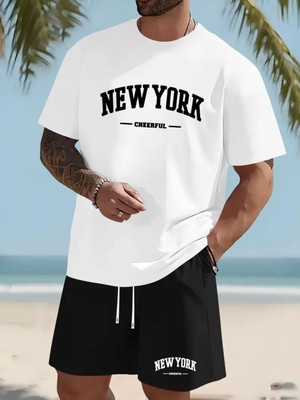 New York Neşeli Baskılı Erkek Yazlık Rahat Eşofman Takımı