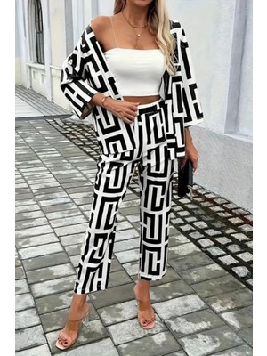 Mossta Geometrik Desenli Ceket Pantolon Ikili Takım - Siyah