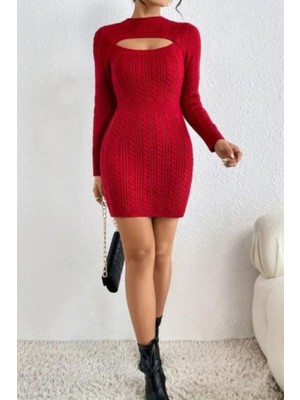 Mossta Yarım Balıkçı Yaka Pencere Göğüs Detay Mini Triko Elbise Kırmızı
