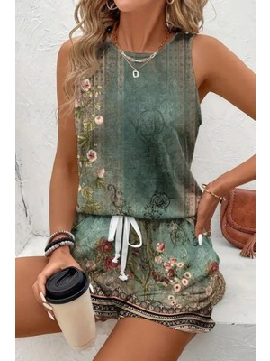 Mossta Kolsuz Çiçek Baskılı Süprem Bluz Şort Ikili Takım - Yeşil