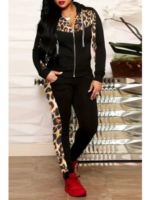 Mossta Leopar Desenli Fermuarlı Ikili Spor Takım - Siyah