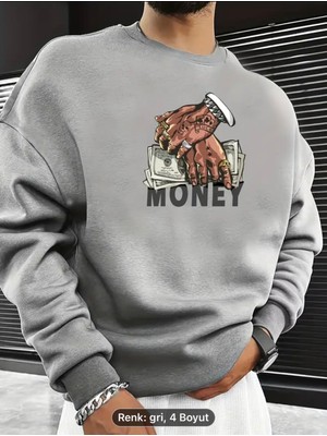 Para Baskılı Erkek Grafik Yuvarlak Yaka Sweatshirt, Gevşek Trendy Kazak, Erkek Giyim Sonbahar Için