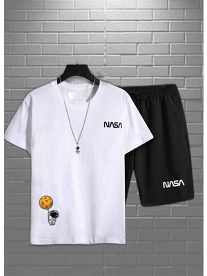 Unisex Nasa Astronot Baskı Beyaz Oversize Tshirt -Slim Fit Nasa Baskılı Siyah Şort Alt Üst Takım