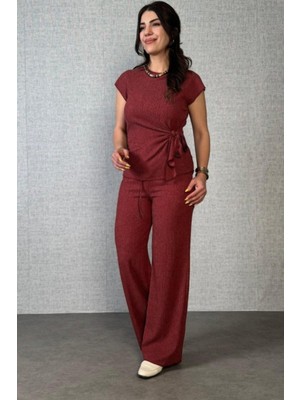 Mossta Kısa Kollu Beli Bağlamalı Bürümcük Ikili Takım - Bordo
