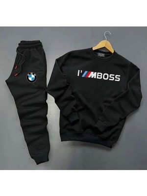 Imboss Bmw Baskılı Siyah Oversize Sıfır Yaka Sweatshirt Siyah Alt Eşofman Kombin 2li Set