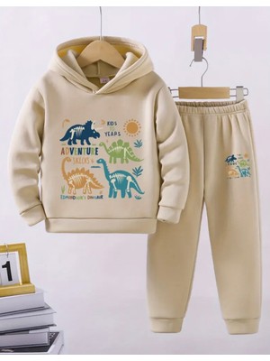 Punix Kids Punıx Kıds Özel Tasarım Dinazorlar Baskılı Kapüşonlu Kışlık Erkek Çocuk Desıgn Eşofman Takımı