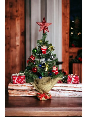 Empressco 40 cm Renkli LED Işıklı Masaüstü Çam Ağacı, Kütük Tabanlı, Jüt Ipli, Yılbaşı Süsleri