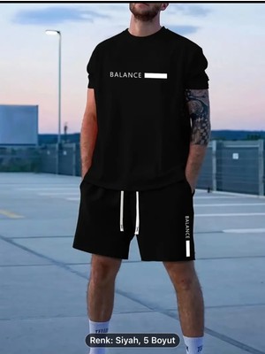 Erkek Balance Alfabe Baskılı Yazlık 2 Parça Takım, Erkek Kısa Kollu Yuvarlak Yaka T-Shirt&cepli Şort