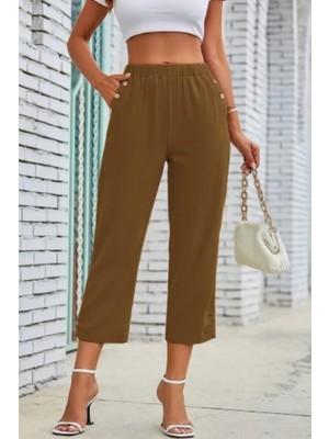 Mossta Düğme Detaylı Lastikli Yüksek Bel Capri Pantolon - Hardal