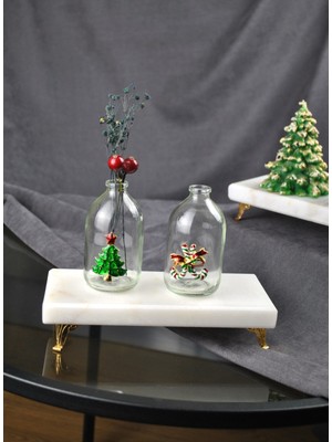 Qualitev 2'li Mini Yılbaşı Aksesuarlı Küçük Vazo 9 cm New Year 100 ml Yeni Yıl Çam Ağacı Şeker Kamışlı Obje