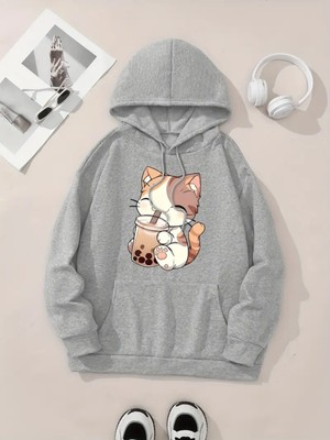 Women's Cute Cat & Milk Tea Print Hoodie - Casual