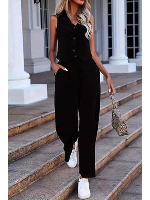 Mossta Düğme Detaylı Yelek ve Geniş Paça Pantolon Ikili Takım - Siyah