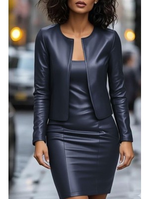 Mossta Kısa Ceket Askılı Deri Elbise Ikili Takım - Lacivert