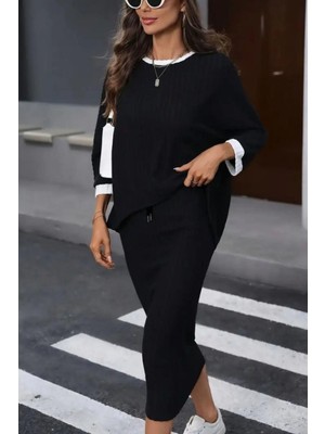 Mossta Geniş Kesim Uzun Kollu Bluz Etek Şardonlu Kaşkorse Ikili Takım - Siyah