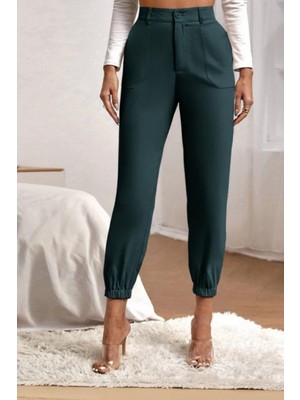 Mossta Yüksek Bel Paçası Lastikli Ithal Krep Pantolon - Yeşil