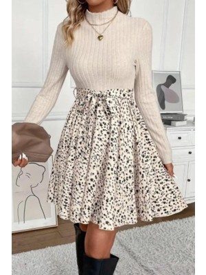 Mossta Balıkçı Yaka  Üst Kaşkorse Eteği Dalgıç Kısa Elbise Bej