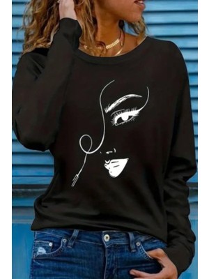 Mossta Bisiklet Yaka Yüz Desenli Viskon Bluz Siyah