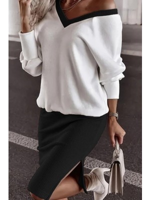 Mossta Uzun Kollu V Yaka Bluz Yırtmaçlı Etek Ikili Takım - Siyah