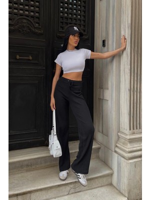 Mossta Ispanyol Paça Fitilli Bağcıklı Pantolon Siyah