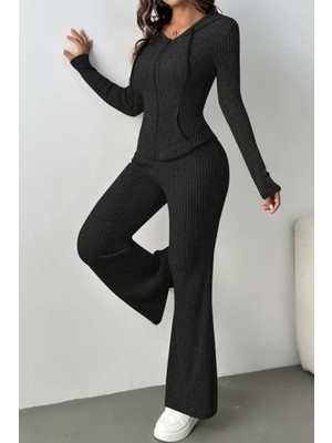 Mossta Önden Fermuarlı Kaşkorse Bluz Pantolon Ikili Takım - Siyah