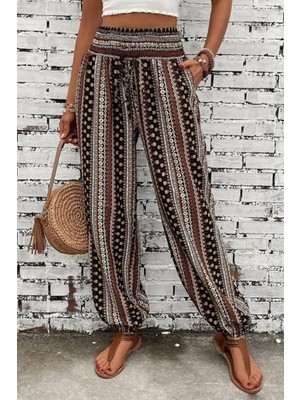 Mossta Yüksel Bel Desenli Dökümlü Bürümcük Pantolon - Desenli