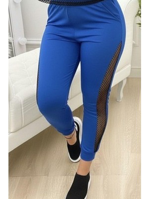 Mossta Yüksek Bel File Detaylı Viskon Iki Iplik Pantolon - Lacivert