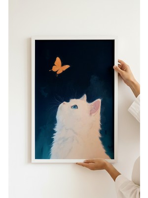 Ayabak Çerçeveli Poster Kedi ve Kelebek Desenli - Dekoratif Çerçeveli Poster ACP29