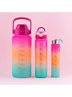 CetKing 11918 3 Lü Motivasyon Stickerlı Kokusuz Spor Su Matarası - Su Şişesi - Renkli Suluk Fuşya