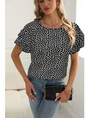 Mossta Kolları Volanlı Baskılı Süprem Bluz Siyah