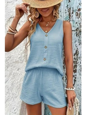 Mossta V Yaka Önden Düğmeli Bürümcük Ikili Takım - Mavi