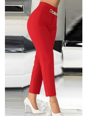 Mossta Yüksek Bel Zincir Detaylı Ithal Krep Pantolon - Kırmızı