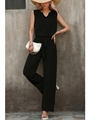 Mossta V Yaka Aerobin Bluz ve Kuşaklı Pantolon Ikili Takım - Siyah