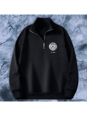 Dik Yaka Yarım Fermuarlı  Özel Tasarım Baskılı Aktif Kullanım Için Uygun Tüylenmez Solmaz Sweatshirt