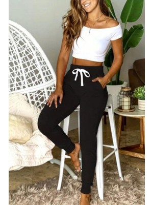 Mossta Madonna Yaka Viskon Crop Cepli Iki Iplik Eşofman Takım Siyah