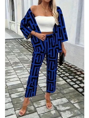 Mossta Geometrik Desenli Ceket Pantolon Ikili Takım - Saks