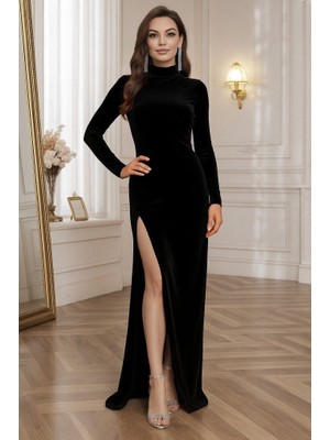 Bosel Kadın Uzun Kollu Yarım Balıkçı Yaka Derin Yırtmaç Detay Krep Tam Boy Elbise