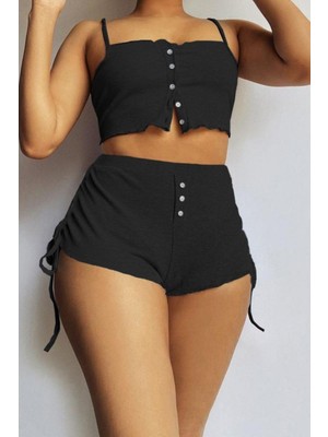 Mossta Kaşkorse Düğme Detaylı Şort Crop Üst Ikili Takım - Siyah
