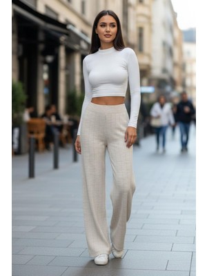 Mossta Yüksek Bel Geniş Paça Triko Pantolon - Bej