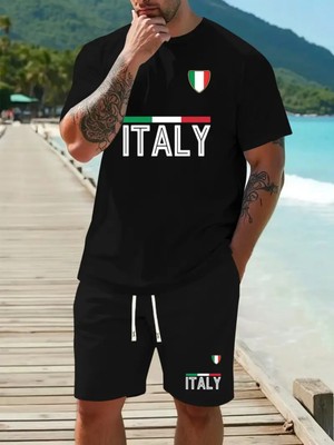 Erkekler Için Yazlık Rahat Iki Parçalı Takım, Yüksek Kaliteli Moda Italyan Desenli