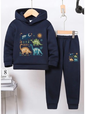 Punix Kids Punıx Kıds Özel Tasarım Dinazorlar Baskılı Kapüşonlu Kışlık Erkek Çocuk Desıgn Eşofman Takımı