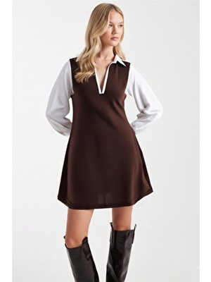 Armonika Kadın Kahve Gömlek Yaka Uzun Kollu Mini Elbise ARM-25K001050