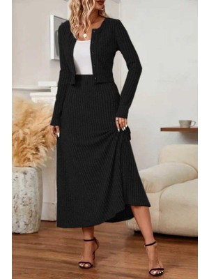 Mossta Uzun Kollu Düğmeli Bluz Yüksel Bel Etek Kaşkorse Ikili Takım - Siyah